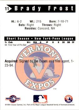1994 Classic Best Vermont Expos #11 Brady Frost Back