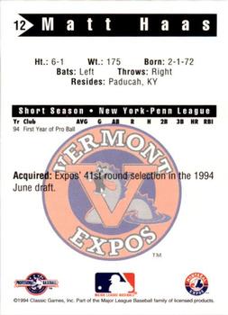 1994 Classic Best Vermont Expos #12 Matt Haas Back