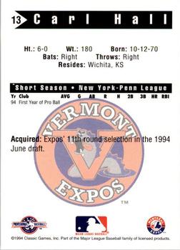 1994 Classic Best Vermont Expos #13 Carl Hall Back
