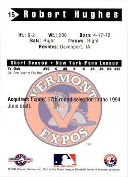 1994 Classic Best Vermont Expos #15 Robert Hughes Back