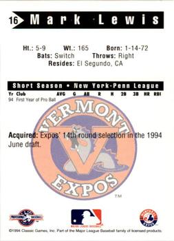 1994 Classic Best Vermont Expos #16 Mark Lewis Back