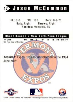 1994 Classic Best Vermont Expos #17 Jason McCommon Back