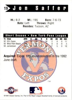 1994 Classic Best Vermont Expos #19 Jon Saffer Back