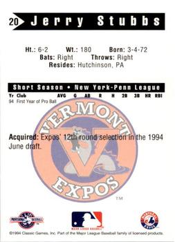 1994 Classic Best Vermont Expos #20 Jerry Stubbs Back