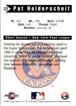1994 Classic Best Vermont Expos #22 Pat Heiderscheit Back