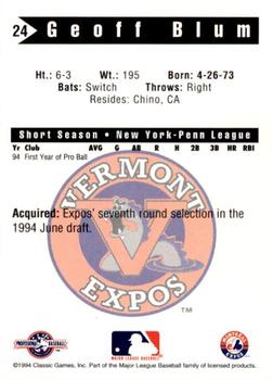 1994 Classic Best Vermont Expos #24 Geoff Blum Back