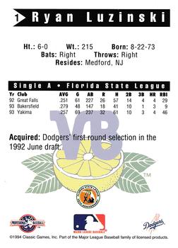 1994 Classic Best Vero Beach Dodgers #1 Ryan Luzinski Back