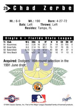 1994 Classic Best Vero Beach Dodgers #26 Chad Zerbe Back