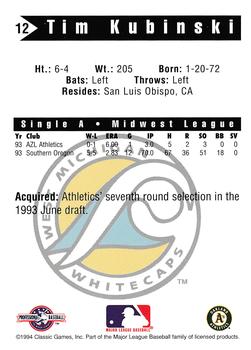 1994 Classic Best West Michigan Whitecaps #12 Tim Kubinski Back