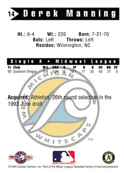 1994 Classic Best West Michigan Whitecaps #14 Derek Manning Back