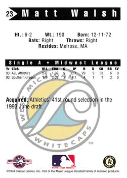 1994 Classic Best West Michigan Whitecaps #23 Matt Walsh Back