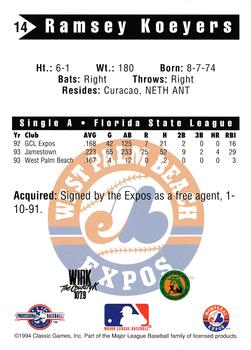 1994 Classic Best West Palm Beach Expos #14 Ramsey Koeyers Back