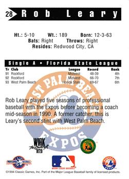 1994 Classic Best West Palm Beach Expos #28 Rob Leary Back