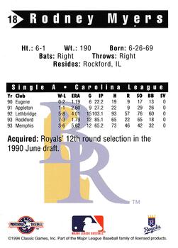 1994 Classic Best Wilmington Blue Rocks #18 Rodney Myers Back