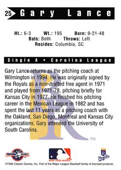 1994 Classic Best Wilmington Blue Rocks #25 Gary Lance Back