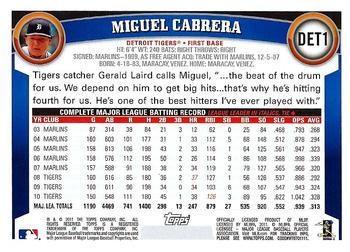2011 Topps Detroit Tigers #DET1 Miguel Cabrera Back
