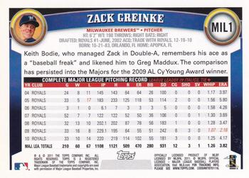 2011 Topps Milwaukee Brewers #MIL1 Zack Greinke Back