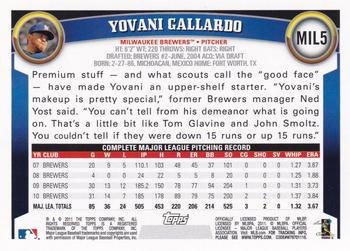 2011 Topps Milwaukee Brewers #MIL5 Yovani Gallardo Back