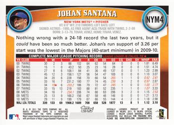2011 Topps New York Mets #NYM4 Johan Santana Back