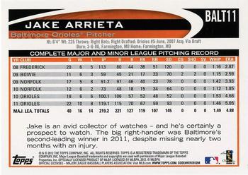 2012 Topps Baltimore Orioles #BALT11 Jake Arrieta Back