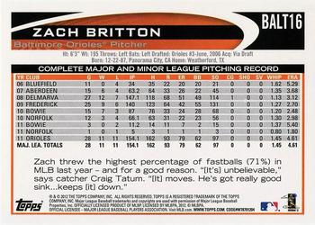 2012 Topps Baltimore Orioles #BALT16 Zach Britton Back