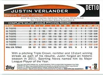 2012 Topps Detroit Tigers #DET10 Justin Verlander Back