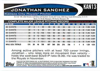 2012 Topps Kansas City Royals #KAN13 Jonathan Sanchez Back