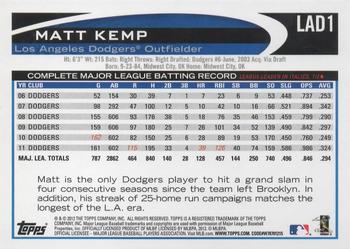 2012 Topps Los Angeles Dodgers #LAD1 Matt Kemp Back