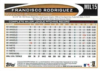 2012 Topps Milwaukee Brewers #MIL15 Francisco Rodriguez Back