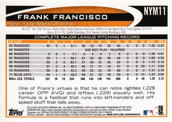 2012 Topps New York Mets #NYM11 Frank Francisco Back