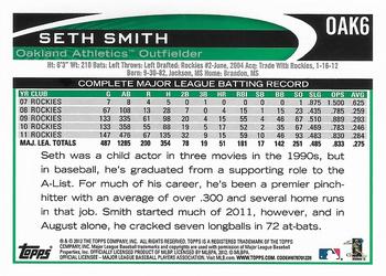 2012 Topps Oakland Athletics #OAK6 Seth Smith Back