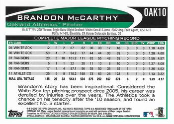2012 Topps Oakland Athletics #OAK10 Brandon McCarthy Back