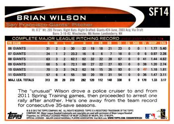 2012 Topps San Francisco Giants #SF14 Brian Wilson Back