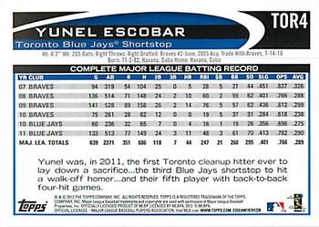 2012 Topps Toronto Blue Jays #TOR4 Yunel Escobar Back