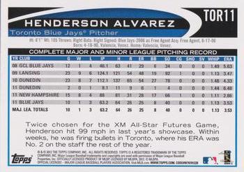 2012 Topps Toronto Blue Jays #TOR11 Henderson Alvarez Back