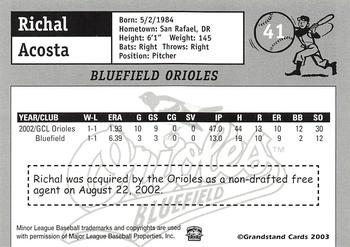 2003 Grandstand Bluefield Orioles #NNO Richal Acosta Back