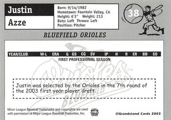 2003 Grandstand Bluefield Orioles #NNO Justin Azze Back