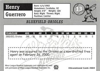 2003 Grandstand Bluefield Orioles #NNO Henry Guerrero Back