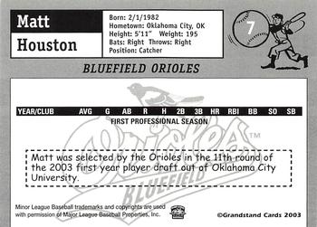 2003 Grandstand Bluefield Orioles #NNO Matt Houston Back