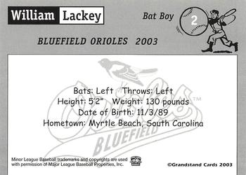 2003 Grandstand Bluefield Orioles #NNO William Lackey Back