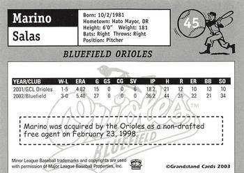 2003 Grandstand Bluefield Orioles #NNO Marino Salas Back