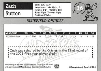 2003 Grandstand Bluefield Orioles #NNO Zach Sutton Back