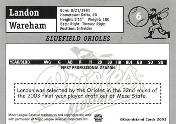 2003 Grandstand Bluefield Orioles #NNO Landon Wareham Back