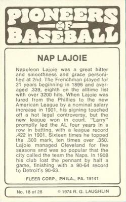 1975 Fleer Official Major League Patches - Pioneers of Baseball #18 Nap Lajoie Back