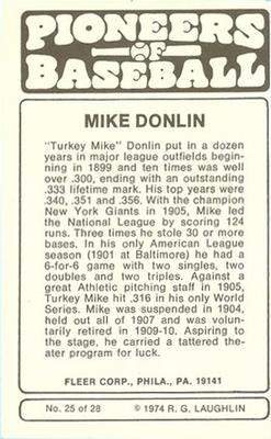 1975 Fleer Official Major League Patches - Pioneers of Baseball #25 Mike Donlin Back