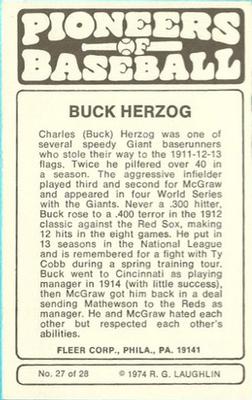 1975 Fleer Official Major League Patches - Pioneers of Baseball #27 Buck Herzog Back