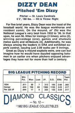 1982-83 Diamond Classics #12 Dizzy Dean Back