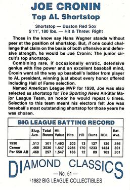1982-83 Diamond Classics #51 Joe Cronin Back