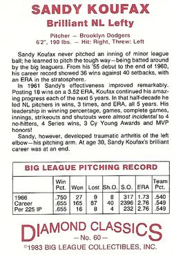 1982-83 Diamond Classics #60 Sandy Koufax Back