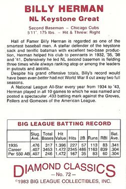 1982-83 Diamond Classics #72 Billy Herman Back